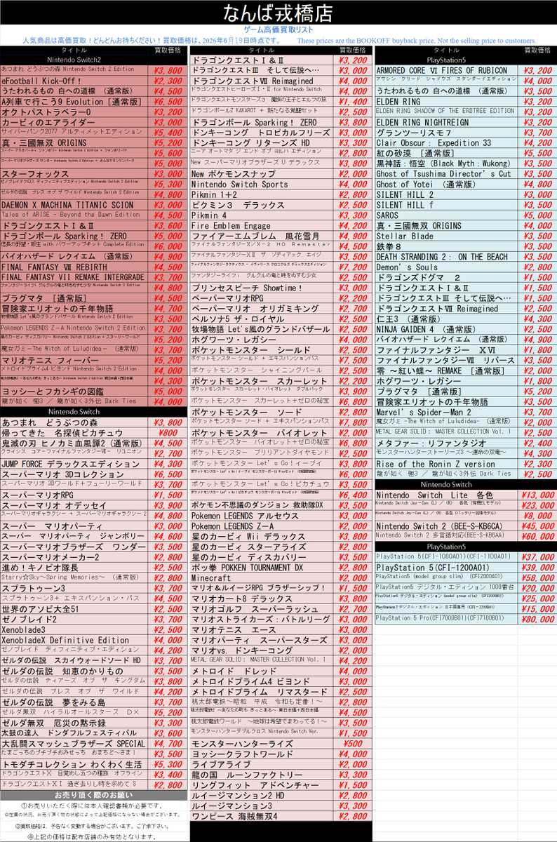 bookoffplusnmb's tweet photo. ‼️ゲームソフト高価買取‼️

🎮遊び終わったゲームソフト🎮
ぜひ当店にお売りください✨

#Switch #PS5 #高価買取
#ブックオフ #なんば #戎橋  

 ※買取価格は予告なく変動する場合がございます、
ご了承ください。 https://t.co/MFNg5KR1NM