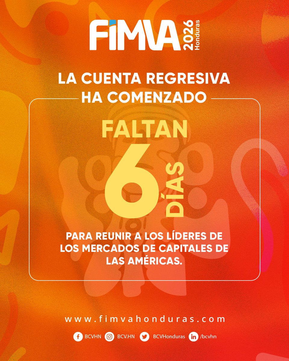 BCVHonduras's tweet photo. ⏳ ¡Faltan 6 días para #FIMVA2026!

Honduras se prepara para recibir a los líderes de los mercados de capitales de las Américas en un espacio de conexión, conocimiento y oportunidades.

🌎🤝📈

#BCVHn #AMERCA #MercadoDeValores https://t.co/shEpqrpDMz