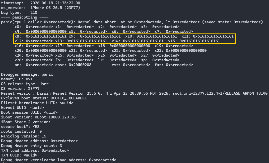 ale_sp_brazil's tweet photo. Another vulnerability in iOS 26.5 with a clear and reproducible crash, registers control, primitive and PoC confirmed, and possibly a working exploit... who knows... ;) https://t.co/SvEE0tLNWc