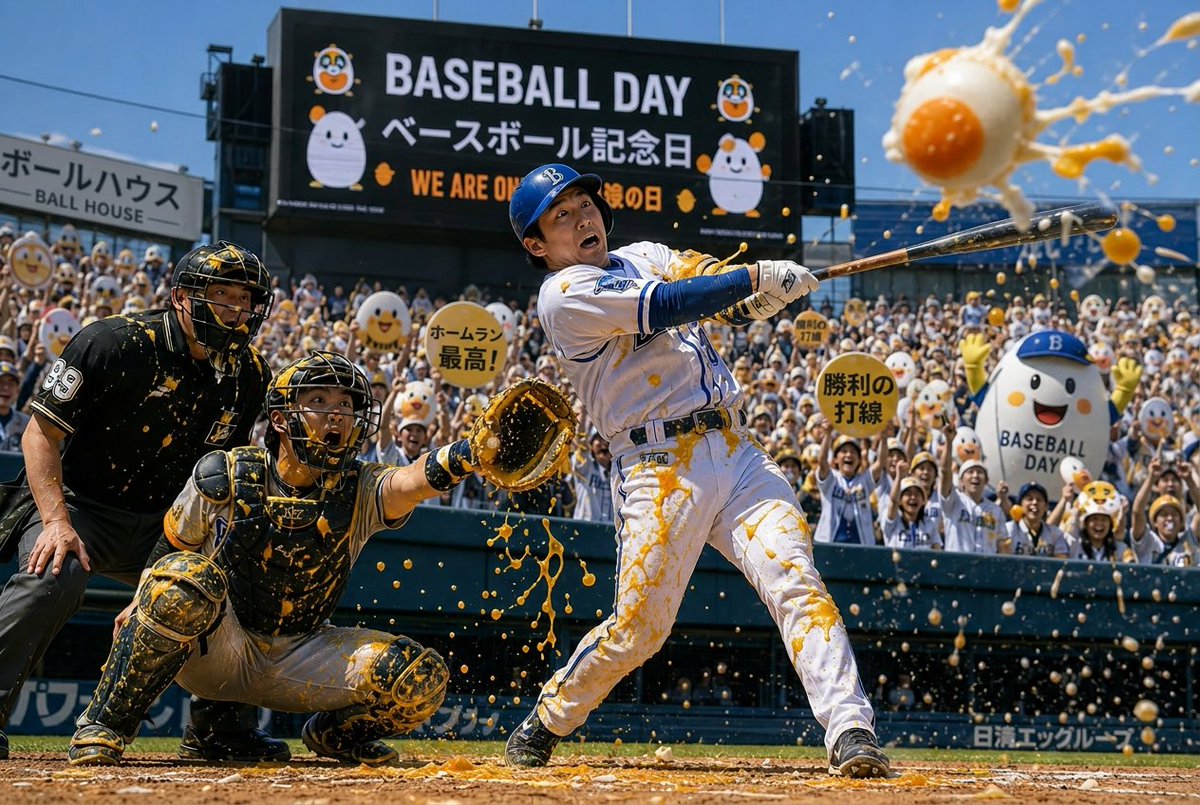 cap2942's tweet photo. 6/19は「ベースボール記念日」です⚾️

とある野球の試合…
渾身のスイングが決まった！…と思ったら、ボールが「巨大な半熟卵」で黄身がドバーッ！💥

…なんて想像をしてみました💭

もったいないので試合後にみんなで食べてね😋🍳

#上越 #デザイン #画像生成AI #今日は何の日 #ベースボール記念日 https://t.co/cRrmQZvE7A