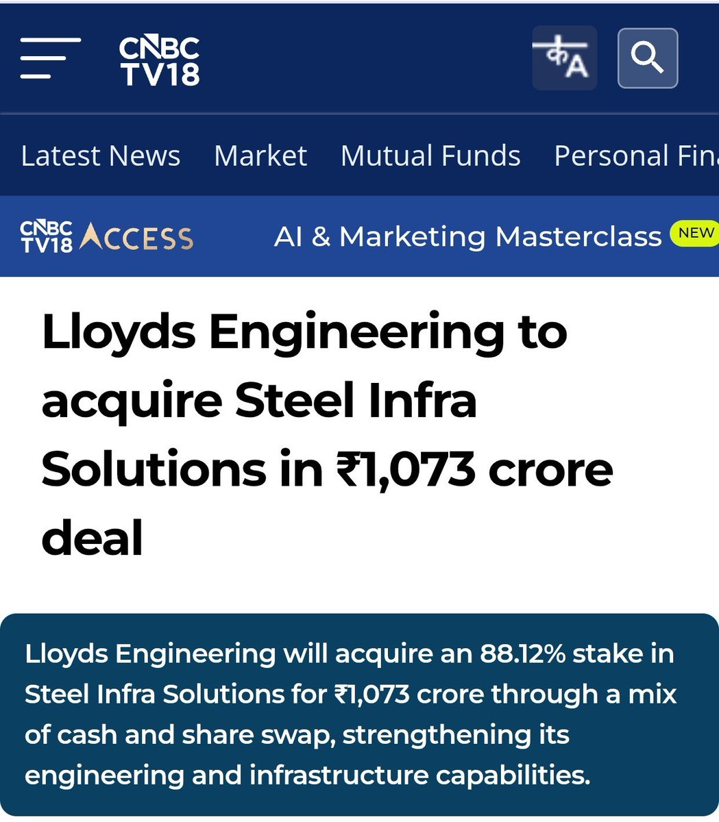 NSuresh_ECW's tweet photo. Lloyd engineering acquired 88.12% stake in Steel Infra Solutions Company Ltd (SISCOL) in a transaction valued at approximately ₹1,073 crore, marking one of the largest deals in the engineering & infrastructure space this year.

#LloydEngineering #Steelinfra #Engineering #StockMarket #investing