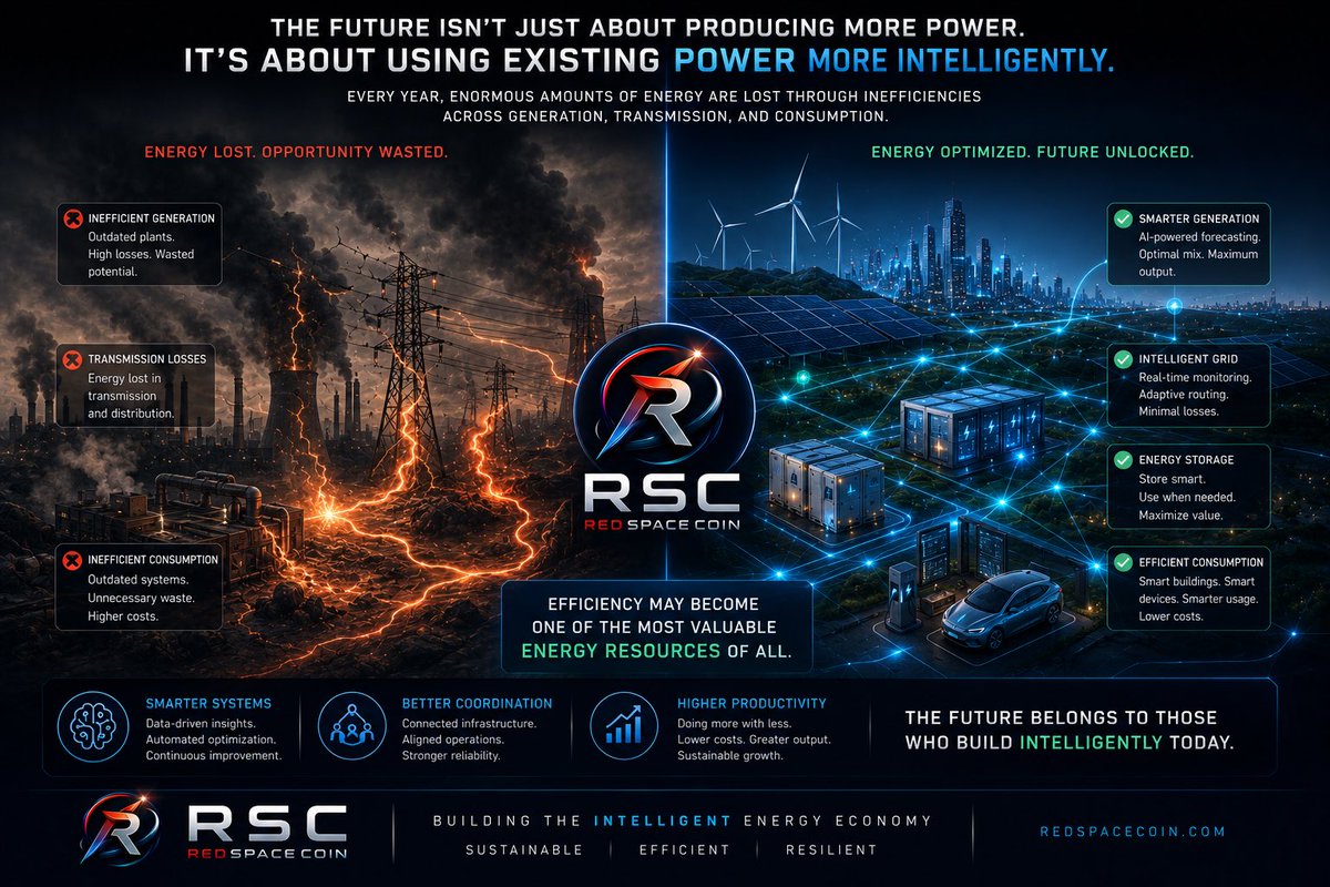 RedSpaceCoin's tweet photo. Every year, enormous amounts of energy are lost through inefficiencies across generation, transmission, and consumption.

The future isn’t just about producing more power.

It’s about using existing power more intelligently.

Efficiency may become one of the most valuable energy resources of all.

⚡ Smarter Systems
⚡ Better Coordination
⚡ Higher Productivity

#EnergyEfficiency #EnergyTransition #RSC