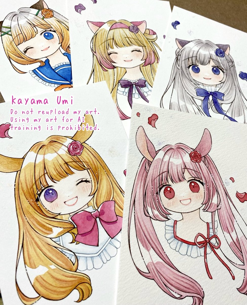 KayamaUmi's tweet photo. 原画ガチャに描いた子たちです🐰🐱🌹展示会は明日から開催です！楽しみ😊

#botanical_garden2 https://t.co/2hqWlMHh8j