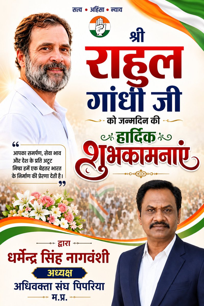 Adv_dharmendras's tweet photo. लोकसभा में नेता प्रतिपक्ष, युवाओं की आवाज़ एवं करोड़ों देशवासियों की आशाओं के प्रतीक आदरणीय श्री राहुल गांधी जी को जन्मदिवस की हार्दिक बधाई एवं शुभकामनाएँ।
ईश्वर से प्रार्थना है कि आपको उत्तम स्वास्थ्य, दीर्घायु एवं जनसेवा के पथ पर निरंतर सफलता प्रदान करें।

 #RahulGandhi https://t.co/ZS4dKud0bK