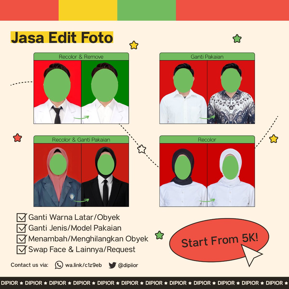 dipiior's tweet photo. Halo, aku open Jasa Edit Foto; 
✩ ganti warna background, hijab/kerudung, kemeja, dll 
✩ ganti pakaian jas, blazer, almamater, dll 
✩ menambah/menghilangkan obyek 
✩ lainnya/request 
- Start from 5K! WA di bio or DM 
#zonauang #zonajajan #zonaba
pas loker kuliah cpns ktm https://t.co/KTVLrgos6g