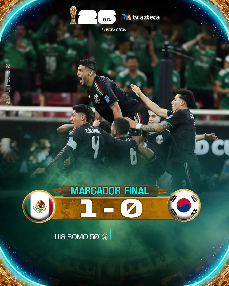 AztecaDeportes's tweet photo. ¡LO GANÓ MÉXICO! 🇲🇽

La Selección Azteca vence 1-0 a Corea del Sur en el Estadio Guadalajara, para sumar su segunda victoria dentro de la Copa Mundial de la FIFA 2026™️

#ElCanalDelMundial #CopaMundialFIFA #Somos26 #ElMundialxAzteca #MiSelecciónAzteca https://t.co/DOMjDVypSA