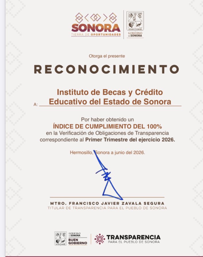 zavala_fco's tweet photo. @transparenteSon reconoce a 7 sujetos obligados por alcanzar el 100% de cumplimiento en obligaciones de transparencia 1er Trimestre 2026.
•Municipios: Navojoa y Baviácora.
•Dependencias: @BecasyCredito, @ISIEsonora, @SeMujeresSon, @utn_oficial, y Fideicomiso Fondo Revolvente. https://t.co/lCXzLc4Eo4