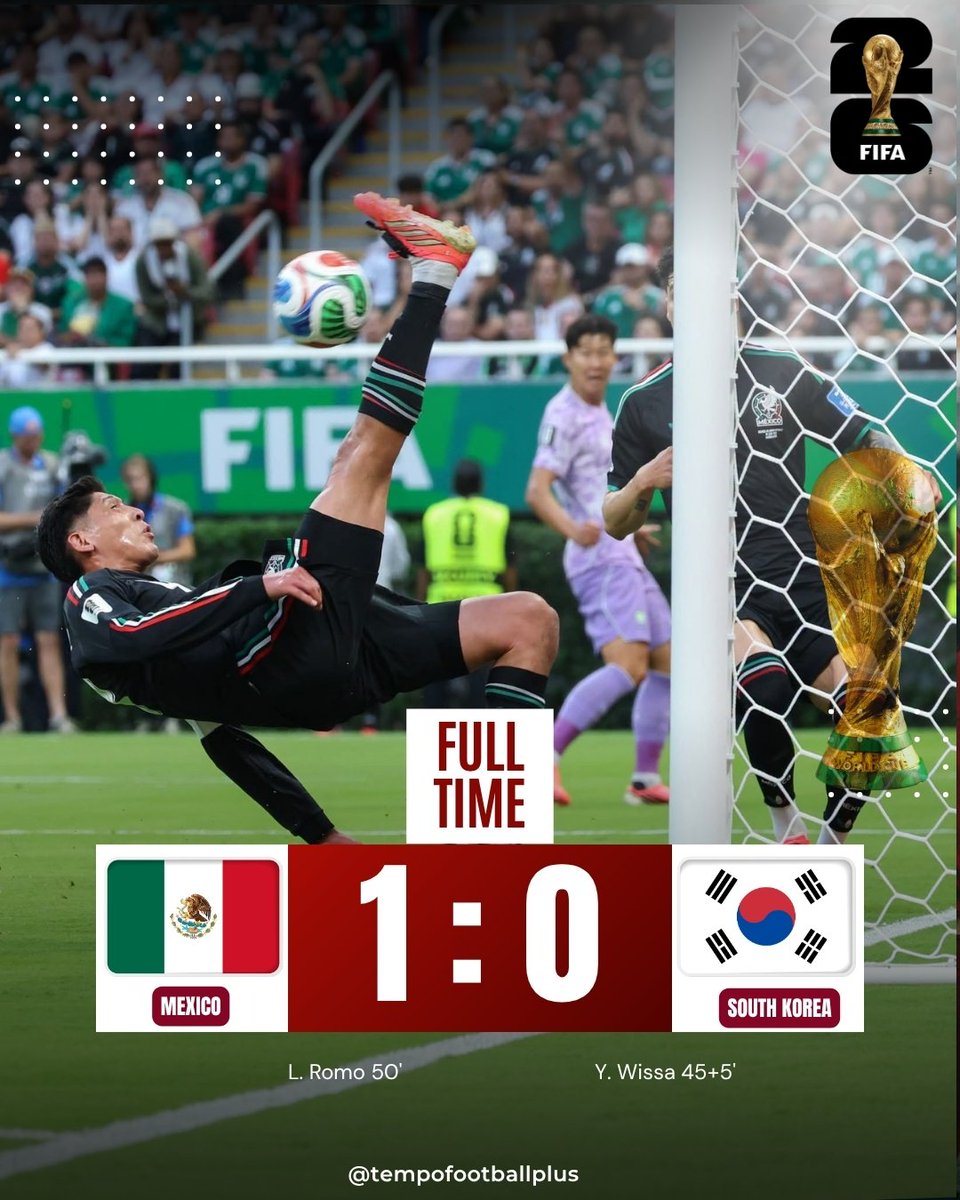 tempofootballp1's tweet photo. FT: MEXICO 🇲🇽 1 - 0 SOUTH KOREA 🇰🇷

L. Romo 50' 🇲🇽

Venue: Estadio Guadalajara, Zapopan
#FIFAWorldCup2026
GROUP A
Full match report at our #Instagram handle @tempofootballplus https://t.co/266A9ab0bv