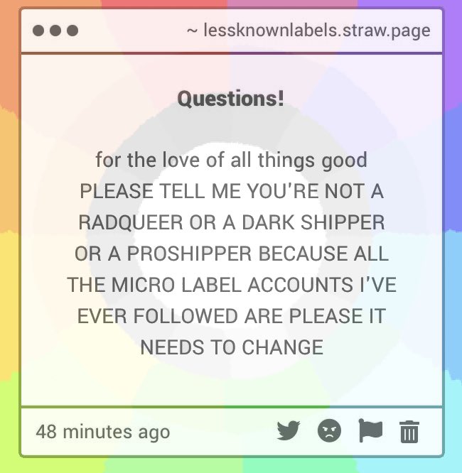 lessknownlabels's tweet photo. ( #asks )
I’m none of the three, and I don’t allow any terms of relation to them in the request form! https://t.co/58f1xtnwIj