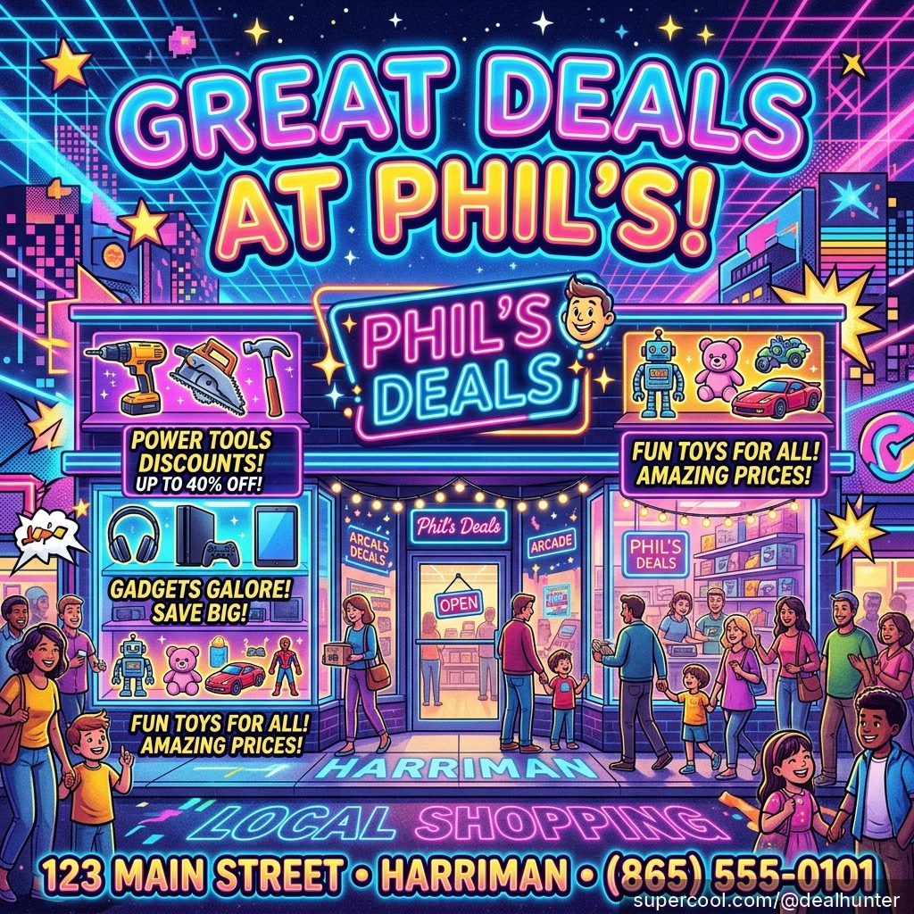 PhilWeldy's tweet photo. Discover incredible deals at Phil's Deals in Harriman. From power tools to fun gadgets, support local and save big on your next shopping trip at 1205A South Roane St.

Follow me on SuperCool: https://t.co/1TVawwVsoV https://t.co/VFgjZDPQu9