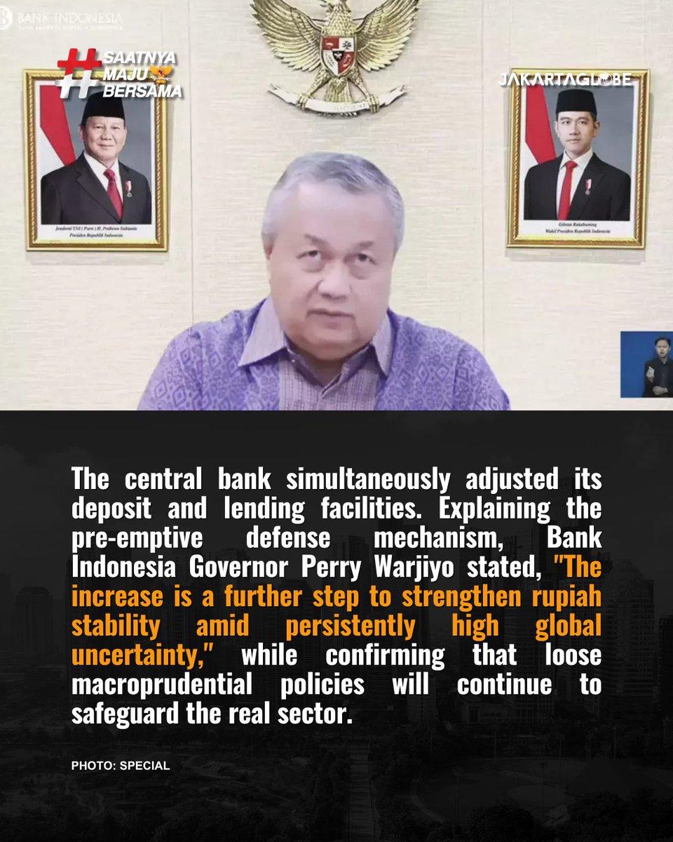 thejakartaglobe's tweet photo. Bank Indonesia has raised its benchmark interest rate by 25 basis points to 5.75% to stabilize the rupiah against intense external pressures and ensure inflation remains within target limits amid global uncertainty. 
#BankIndonesia #BIRate #RupiahStability #JakartaGlobe https://t.co/rw9IrxjRFY