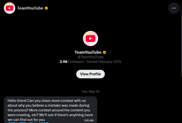 Hope384434's tweet photo. My earned revenue remains completely frozen over this mistake, creating a severe financial emergency. Could you please escalate this exact context back to the policy team?
@TeamYouTube
@YouTubeLiaison https://t.co/s5GNROeg7X