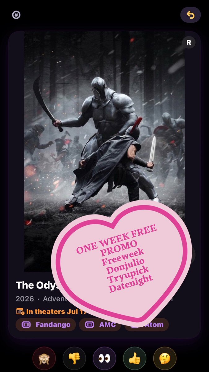Upick_watch's tweet photo. Get a FREE premium subscription for one week, on us! We'd love your honest reviews. 😊
Freeweek Tryupick Donjulio DATENIGHT ✨
#fyp #couple 

📱 App features include:
* Decadent Decades
* Full catalogs
* Unlimited swipes
* No ads
* Insights
* ✨ Magical Dumpster ✨

💬 Go to https://t.co/gOTzXKABHd to start your free week!

💖 Perfect for couple activities like movie nights and date nights.

🚀 Stay tuned for future updates, including Upick gaming!