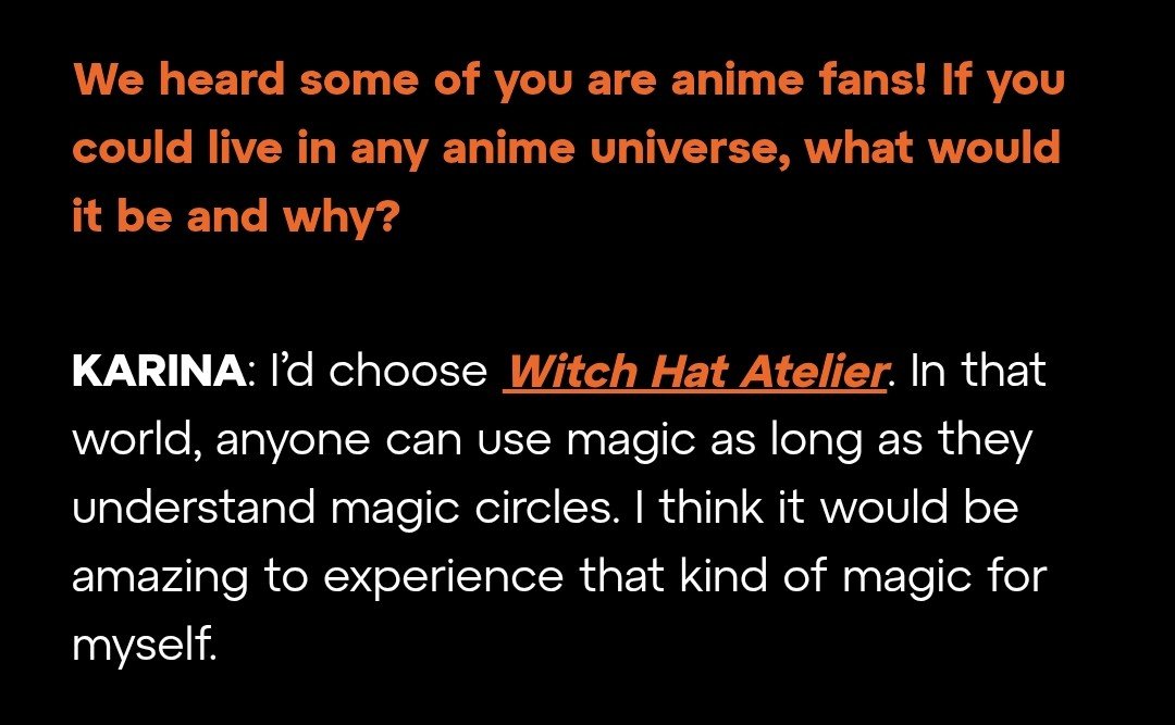 sunshine_080507's tweet photo. If you could live in any anime universe, what would it be and why?

KARINA: I’d choose Witch Hat Atelier. In that world, anyone can use magic as long as they understand magic circles. I think it would be amazing to experience that kind of magic for myself. https://t.co/Mzzp8Gd9GB
