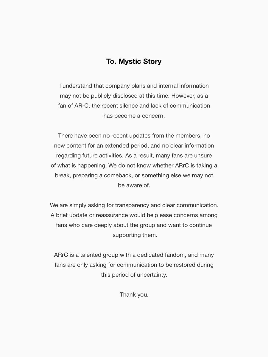 heartsforioto's tweet photo. Dear @themysticstory,

Please address our concerns regarding communication between ARrC and their fans. 

Thank you.

#MysticStory_WhereIsARrC
#ARrC #아크 @official_arrc https://t.co/6muvXR6rFz