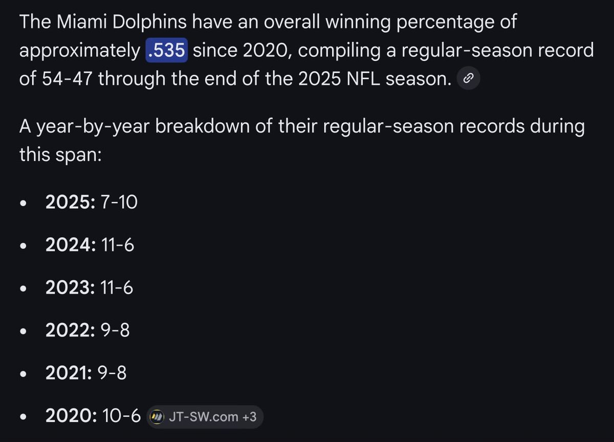 The_Goode_Man's tweet photo. @CamJordan4Fins Not sure where you get your facts from.  Could be mental gymnastics to prove a point. Idk. 

The Dolphins win % since 2020 is 53%.  To get the Dolphins win % w/ out Tua, subtract the team’swin % from Tua’s (58-53). That’s .5 or a half a game difference. 

Idk know where you 35%. https://t.co/BIDhKg990s
