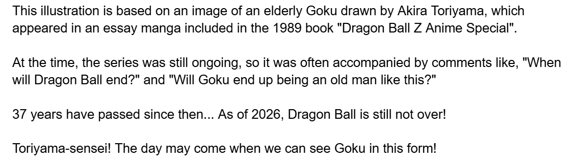 DB_Kringer2's tweet photo. Very cute message from Toyotaro!

Elderly Goku was the best possible pick to celebrate his 100th monthly illustration, It's so rare to see this version of Goku even in fanart. https://t.co/uDTD2PDkcS