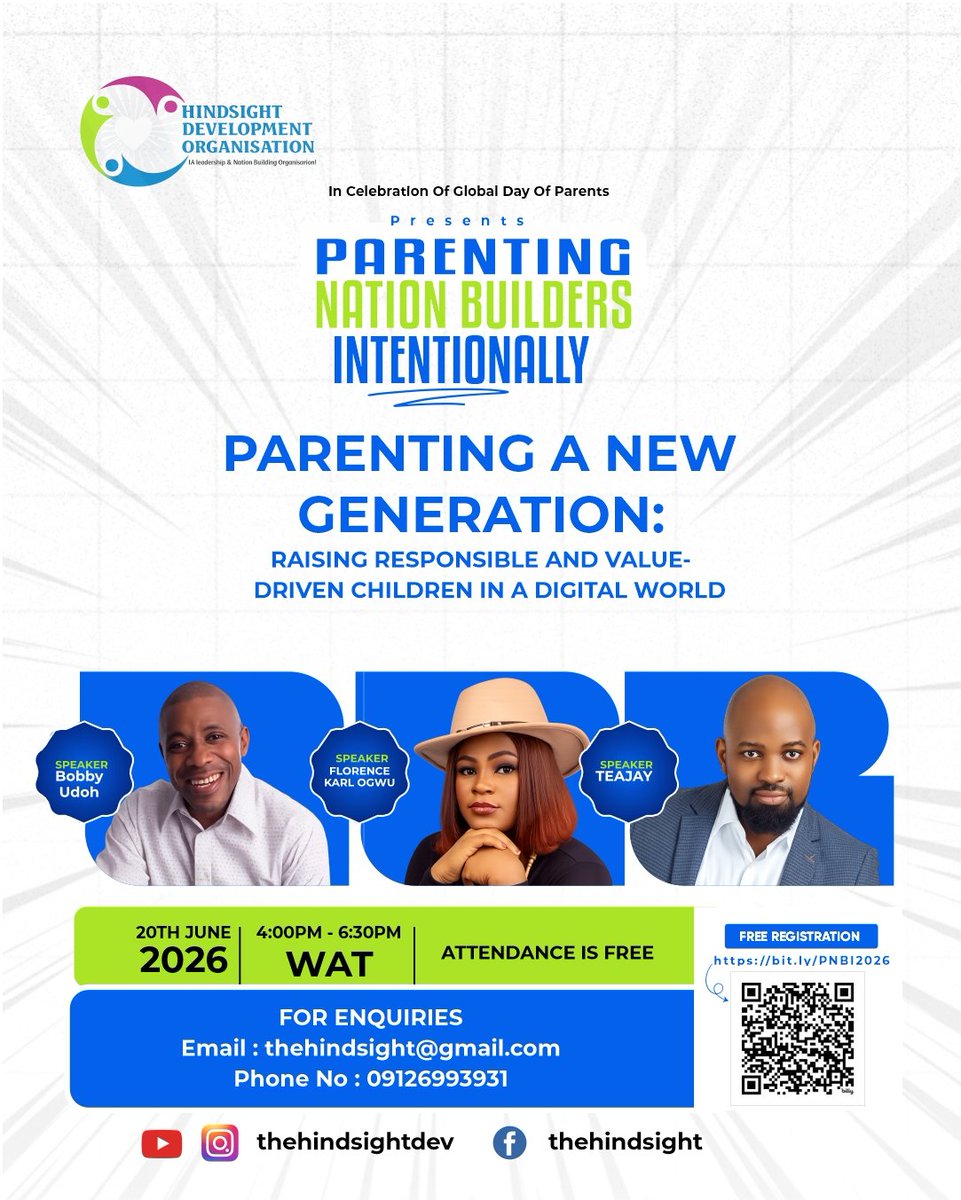 TheHindsightDev's tweet photo. 🚨 Tomorrow is the day!

If you influence children as a parent, teacher, caregiver, guardian, or mentor, this conversation is for you.

Join Bobby Udoh, Florence Karl Ogwu &amp; Coach Tejiri Jerry Chunu at #PNBI2026.

🎟️ Free Registration
🔗 https://t.co/Lfh4jgmVH0 https://t.co/d6zHNGQrvw