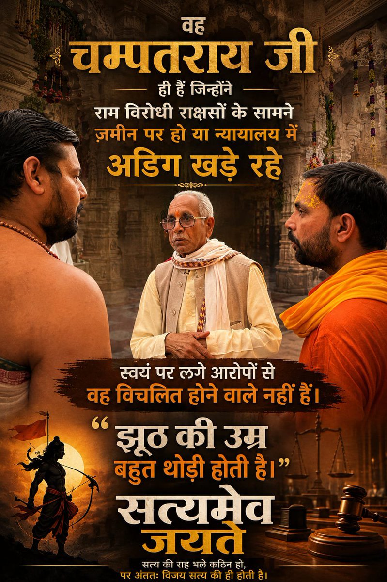indivya1's tweet photo. श्रीरामजन्मभूमि आंदोलन के शिल्पकार चंपत राय जी के निस्वार्थ जीवन पर प्रश्न उठाने से पहले लोगों को मर्यादा याद रखनी चाहिए। 

SIT की जांच में जो दोषी होगा, कार्रवाई होगी पर जांच से पहले ही सोशल मीडिया और मीडिया ट्रायल के जरिए एक समर्पित व्यक्तित्व की तपस्या पर कीचड़ उछालना बंद हो। https://t.co/DYskGoKF7y