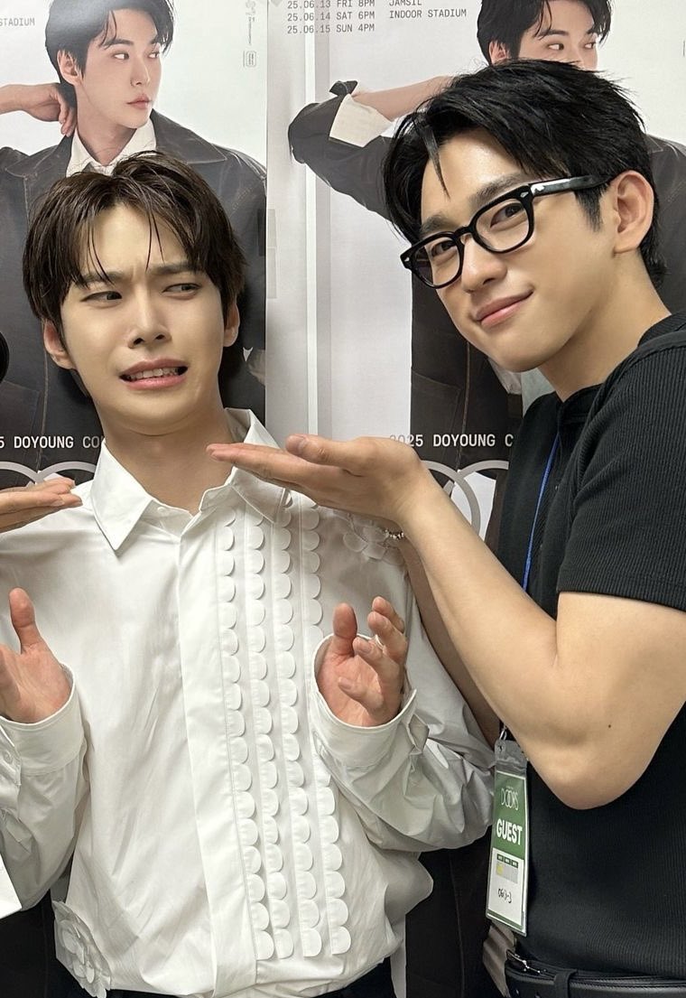 Jinyoungbase's tweet photo. Park Jinyoung was asked which male idol he would like to pass down the title of “First-Love Memory Manipulator” to, during an interview with Men Noblesse.

“I’d like to pass down the title of ‘First-Love Memory Manipulator’ to NCT’s Doyoung. He’s my junior—I debuted first. Doyoung, you’re next in line.”