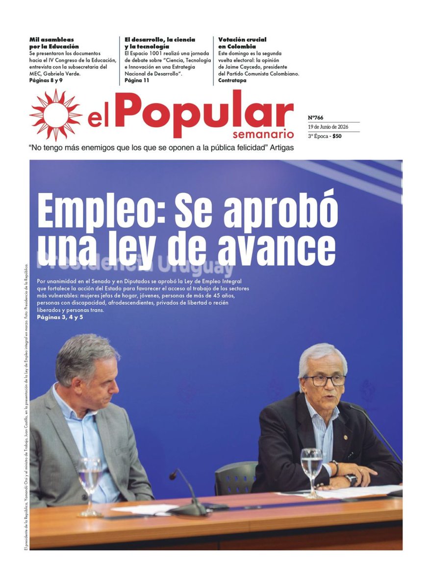 Elpopularuy's tweet photo. 📰 𝗘𝗗𝗜𝗧𝗢𝗥𝗜𝗔𝗟 | 𝗨𝗻𝗮 𝗹𝗲𝘆 𝗱𝗲 𝗮𝘃𝗮𝗻𝗰𝗲
El Parlamento aprobó por unanimidad la Ley Integral de Empleo.

🔹 Estado: recupera su rol rector laboral
🔹 Subsidios: hasta 80% (discapacidad, liberadas/os, trans) y hasta 66% (jóvenes en vulnerabilidad)
🔹 PYMES: acceden a beneficios antes concentrados por grandes empresas
🔹 Organismos públicos: 50% de becarios bajo este régimen

Las personas primero. Un avance concreto del proyecto popular.

🔗 https://t.co/kKrvCNhAxZ

#LeyDeEmpleo #FrenteAmplioUy #Empleo #Trabajo #Uruguay