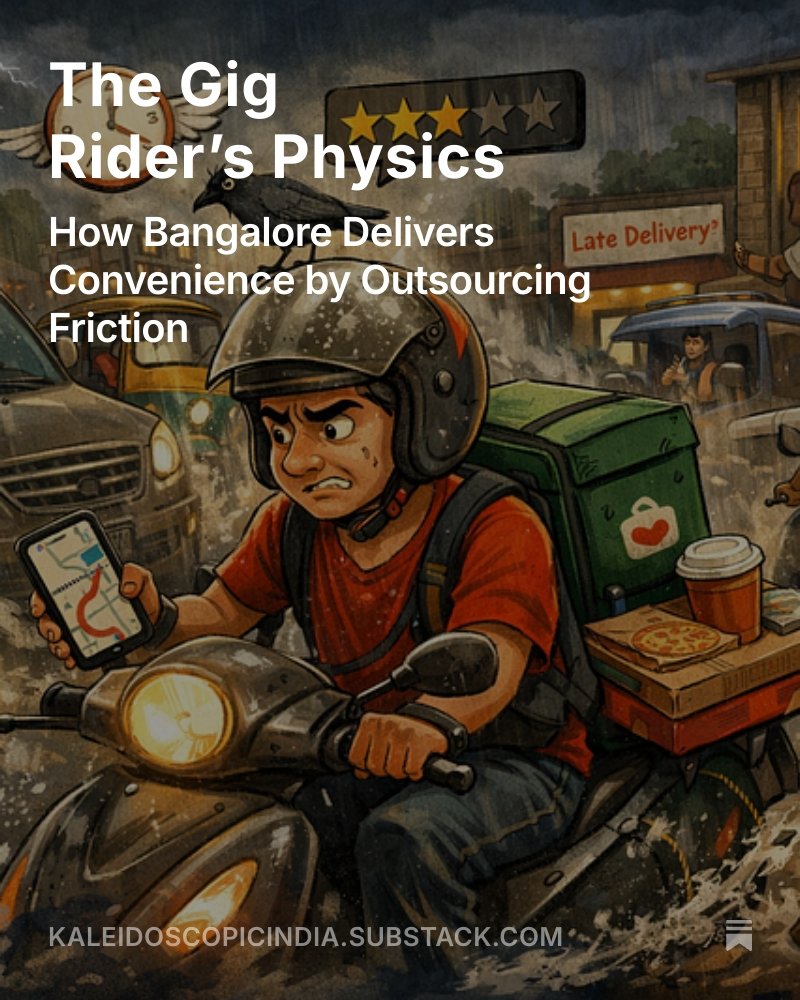 manojgr's tweet photo. The app says “10 minutes away” with the confidence of a man who has never crossed Outer Ring Road in rain.

My new piece argues that Bangalore’s gig rider is not just a worker. He is human middleware - an API for convenience in a city that scales by making some bodies absorb the friction others no longer see.

He carries dinner, yes. But also potholes, monsoon spray, wrong pins, fake landmarks, blocked lanes, apartment-gate bureaucracy, customer impatience, and the theology of “instant.”

The app did not remove distance. It found cheaper people to carry it.

This is a piece about algorithmic capitalism, class invisibility, urban appetite, and the quiet brutality of low-latency living.

Read: [https://t.co/e912qb27F7]

#KaleidoscopeIndia #Bangalore #GigEconomy #HumanMiddleware #UrbanIndia #BangaloreTraffic