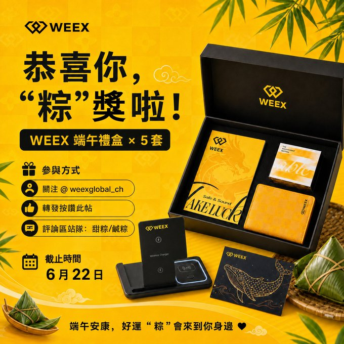 jiucaicai250131's tweet photo. 🎉 恭喜你，「粽」奖啦！

WEEX 端午礼盒 × 5 套 正在抽！

📦 礼盒内含：
• 精致龙纹笔记本（Safe & Sound）
• 格纹黄色钱包
• 无线充电器
• 专属幸运卡片
…满满仪式感，送礼自用都很合适！

参与方式超简单：（原贴）
✅ 关注 @weexglobal_ch
✅ 转发 + 点赞本帖
✅ 评论区告诉我：你喜欢吃甜粽还是咸粽？

⏰ 截止：6月22日
随机抽取 5 位幸运儿，每人一套，包邮到家！

祝大家端午安康，交易顺遂，「粽」是好运常伴～ 

#端午节 #WEEX #礼盒抽奖 #粽享未来