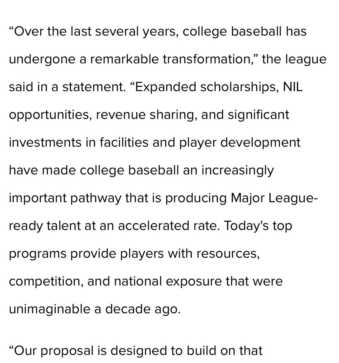 _bbell5's tweet photo. ⬇️This is directly out of MLB’s statement. While the real reason for this proposal is to save owners money, it’s only being offered because of the growth of college baseball and the quality of coaching and development the modern player receives. This will be interesting to follow https://t.co/GvemADcrfe