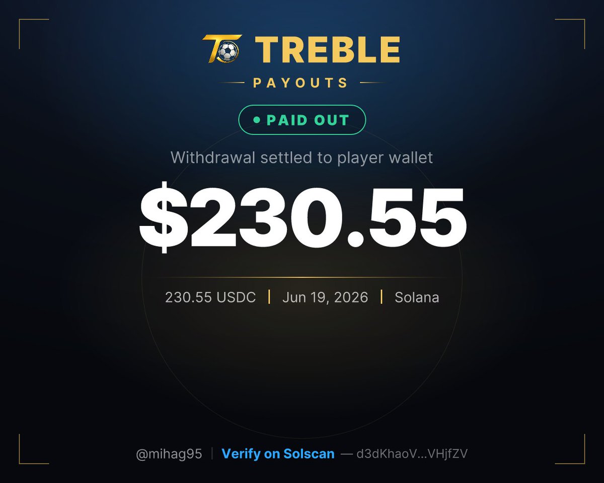go_treble's tweet photo. ✅ Paid out — on-chain.
@mihag95 withdrew $230.55 in USDC.
🔗 Verify: https://t.co/Q52ufCYwrM (d3dKha…VHjfZV)

Real winnings, paid in seconds → https://t.co/713ojDMPIG https://t.co/Gz2ZkXUGX6
