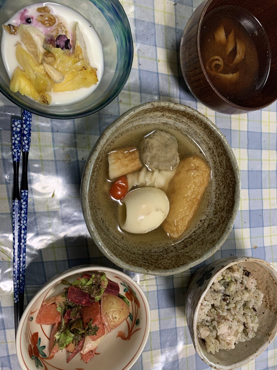 AotachiT's tweet photo. 今日は10歳若返り混ぜご飯、餃子入り静岡おでん、有機ジャガイモ入り茹で野菜と生野菜のイタリアンサラダ、沖縄県産パイン入り飲むヨーグルトフルーツを作りました🍀🎶

今日はお昼ご飯を作りながらモンハンワイルズで新たなコスプレ装備を作りました🍀🎶
果たしてどんなコスプレ装備なのか😼⁉️ https://t.co/tsudsK0B5h