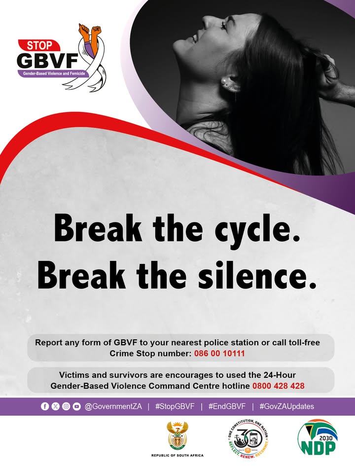 GovernmentZA's tweet photo. BREAK the cycle. BREAK the silence! Report any form of GBVF to your nearest police station or call Crime Stop number 086 00 10111.
Together we can do more. #EndGBVF #GovZAUpdate #CapableState https://t.co/kSPdPi0OQM