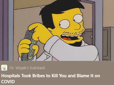 ProtocolWidow's tweet photo. @SecKennedy 

HOSPITALS TOOK BRIBES TO KILL YOU & BLAME IT ON COVID

Dr. Wojak made his Substack article short  & to the point.  But in it there are a lot of links to resource material supporting his findings. 

I do want to point out that the comments section is heavy with peers that agree with him.  

There are people in our government that need to be standing on a platform with panels that drop under their feet & special necklaces of hemp.

Today is June 18, 2026, it's been 1713 days since I lost my husband & my country all at one time.  This government believes we will "Move On" from the torture of our loved ones. Covid wasn't deadly enough, so the HHS/FDA/CDC/NIH/CMS weaponized the hospitals. Thus ushering in the coerced gene therapy bioweapon.

If you experienced Covid #CrimesAgainstHumanity, like the  Hospital Protocols or the gene therapy injection harms, please submit your story at https://t.co/VwsqTooUyT.

https://t.co/zAkkMH2Qhj