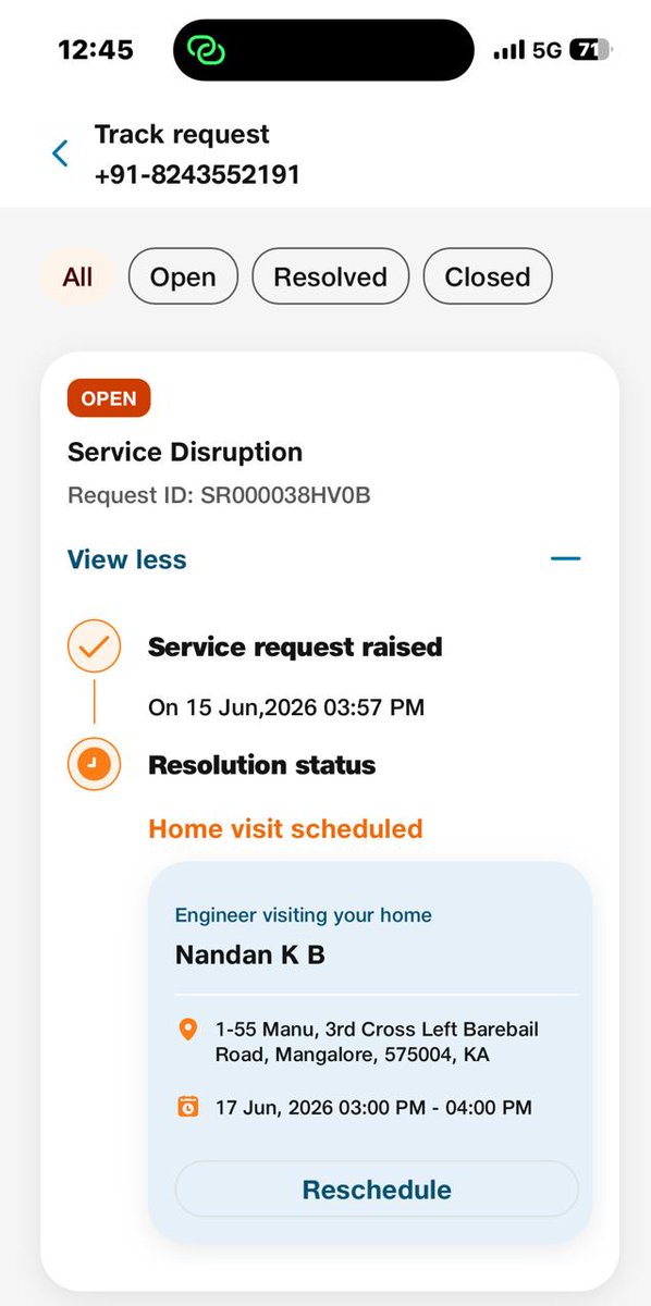 mohanbalnad's tweet photo. @JioCare Pathetic service! SR000038HV0B (15.06.26) – JioFiber has been down for 4+ days. Excuses like "5 technicians resigned" and "team brought from Mysore" are unacceptable. If this is the standard across cities, it won't help your IPO or Reliance's reputation. Wake up! https://t.co/bokWMEwN4J