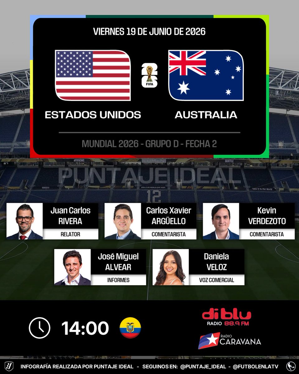 PuntajeIdealEC's tweet photo. ⚽️ #Mundial2026 | 🇺🇸 #EstadosUnidos vs. #Australia 🇦🇺
🎙 Relator: @RiveraJuanca
🎙 Comentaristas: @CarlosXArguello - @KVerdezoto17
📋 Informes: @jmalvearc
🎙 Voz comercial: @Chinavelozb
📻 @RadioDibluFM - @Caravana750
🤳 #DibluMundialista - #CaravanaMundialista
Dale RT 🔃 https://t.co/JDZpciUDTI