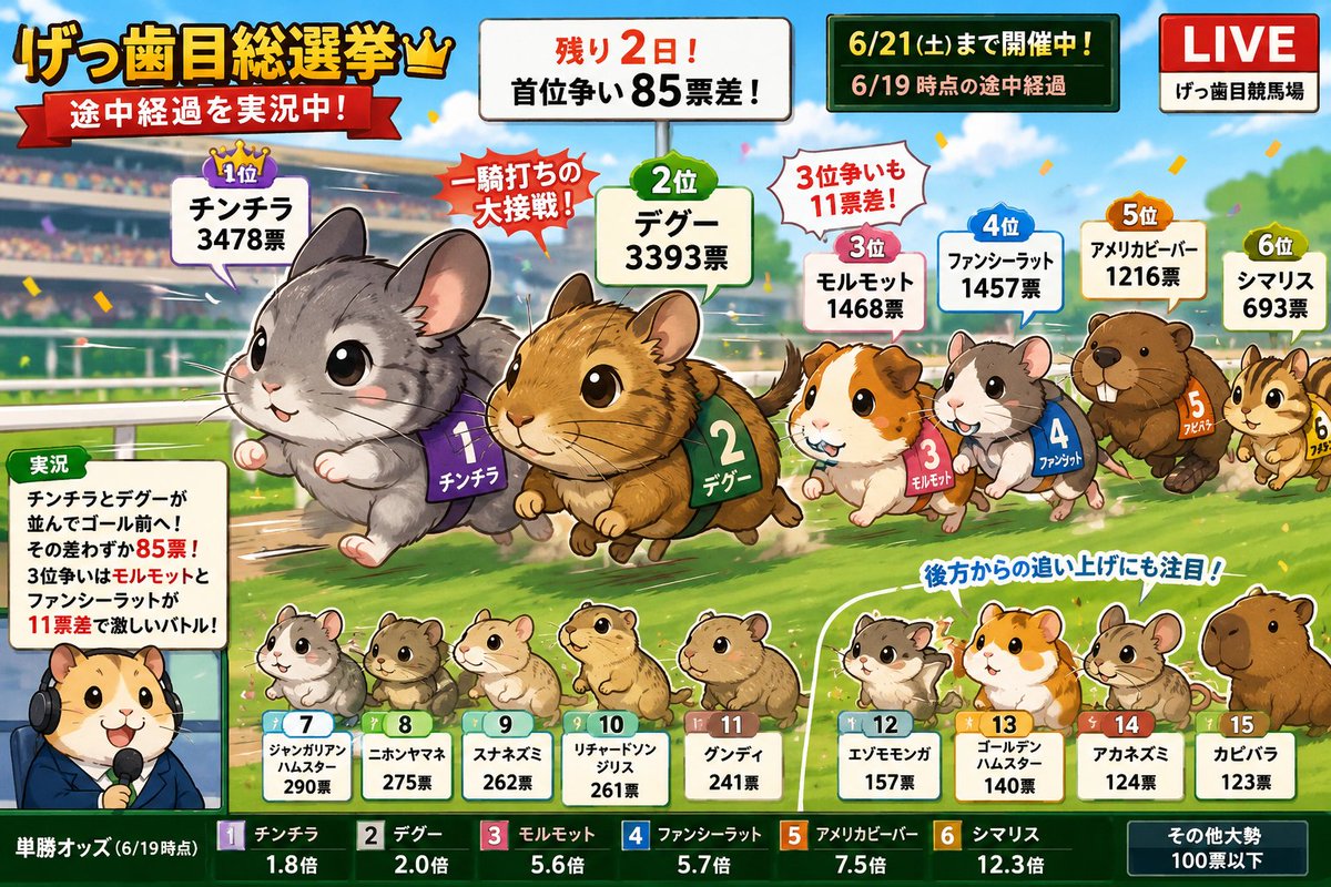 seisokubunpuiki's tweet photo. チャッピーにもイラストにしてもらいました(≧◇≦)
【夏至】げっ歯目総選挙2026夏
#多数決さん
 https://t.co/hMT3BIaJCB 
ニホンヤマネ最後まで寝ないで走り切って(≧◇≦)
ヤマネ：( ˘ω˘)ｽﾔｧ
※イラストに一部間違いあり、投票は６月２１日の日曜日までです… https://t.co/uvTOGnEPUo