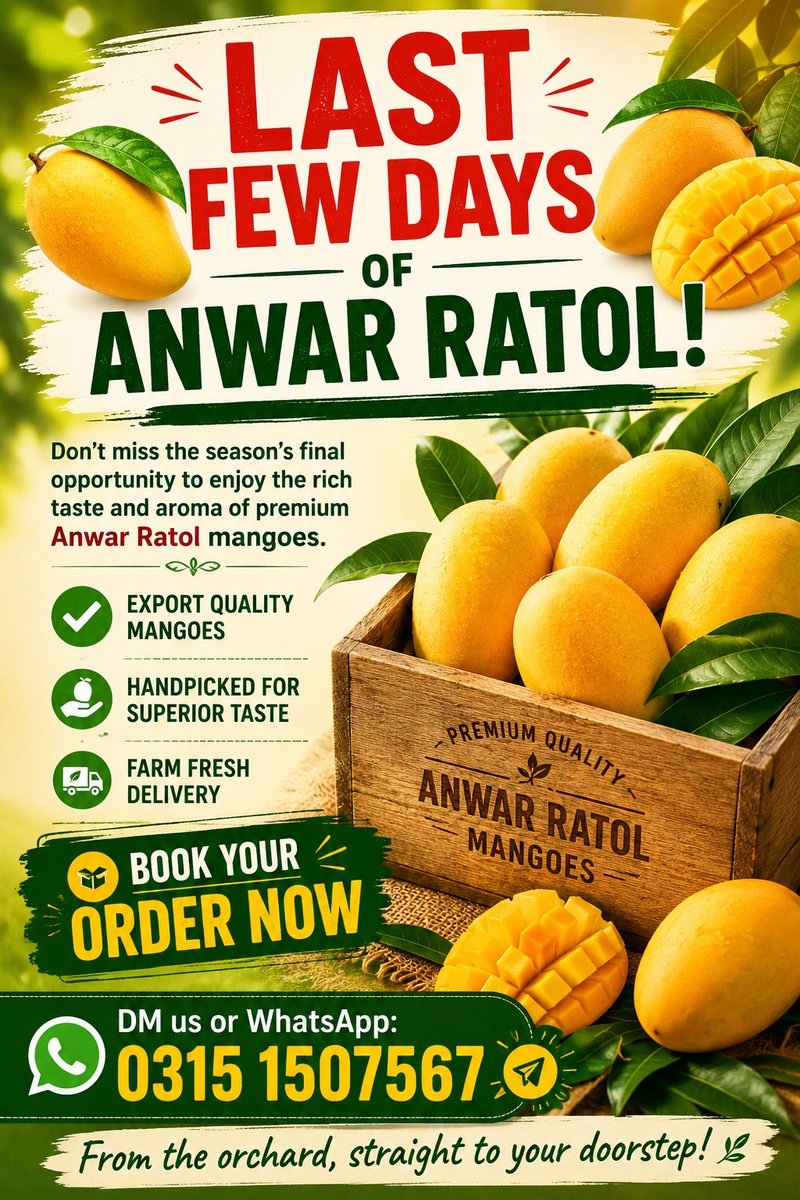 Sumiya_Naeem's tweet photo. Anwar Ratol Season is Almost Over!
If you're a true Anwar Ratol lover, this is your last chance to enjoy the king of taste... 

#multanimangoes #exportquality https://t.co/ogdMSwVtXj