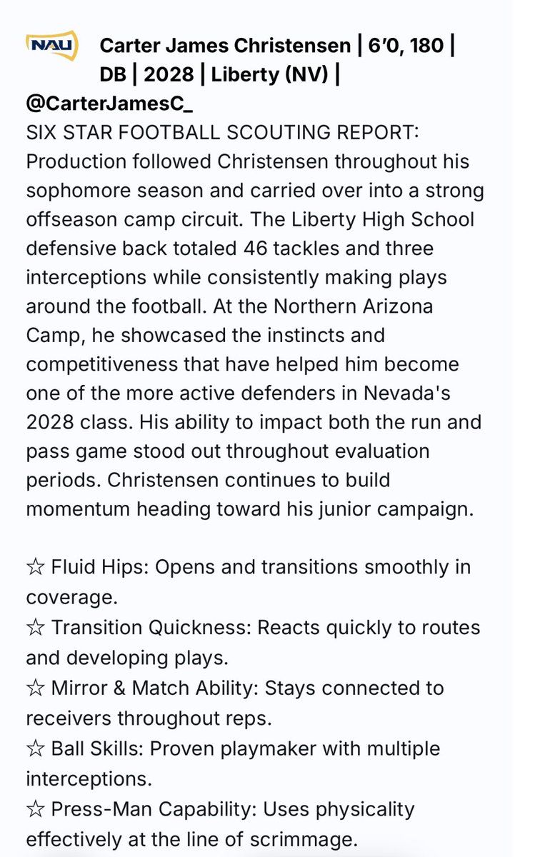 CarterJamesC_'s tweet photo. Honored and blessed to be recognized by @sixstarfootball following an outstanding camp experience at @NAU_Football . Grateful for the coaching, competition, and opportunity. @CoachTankP @tannerjstphns @Coachbwright4 @CoachRodBrown @TimRoschmann @CoachTDG https://t.co/rV7HWXtEr9