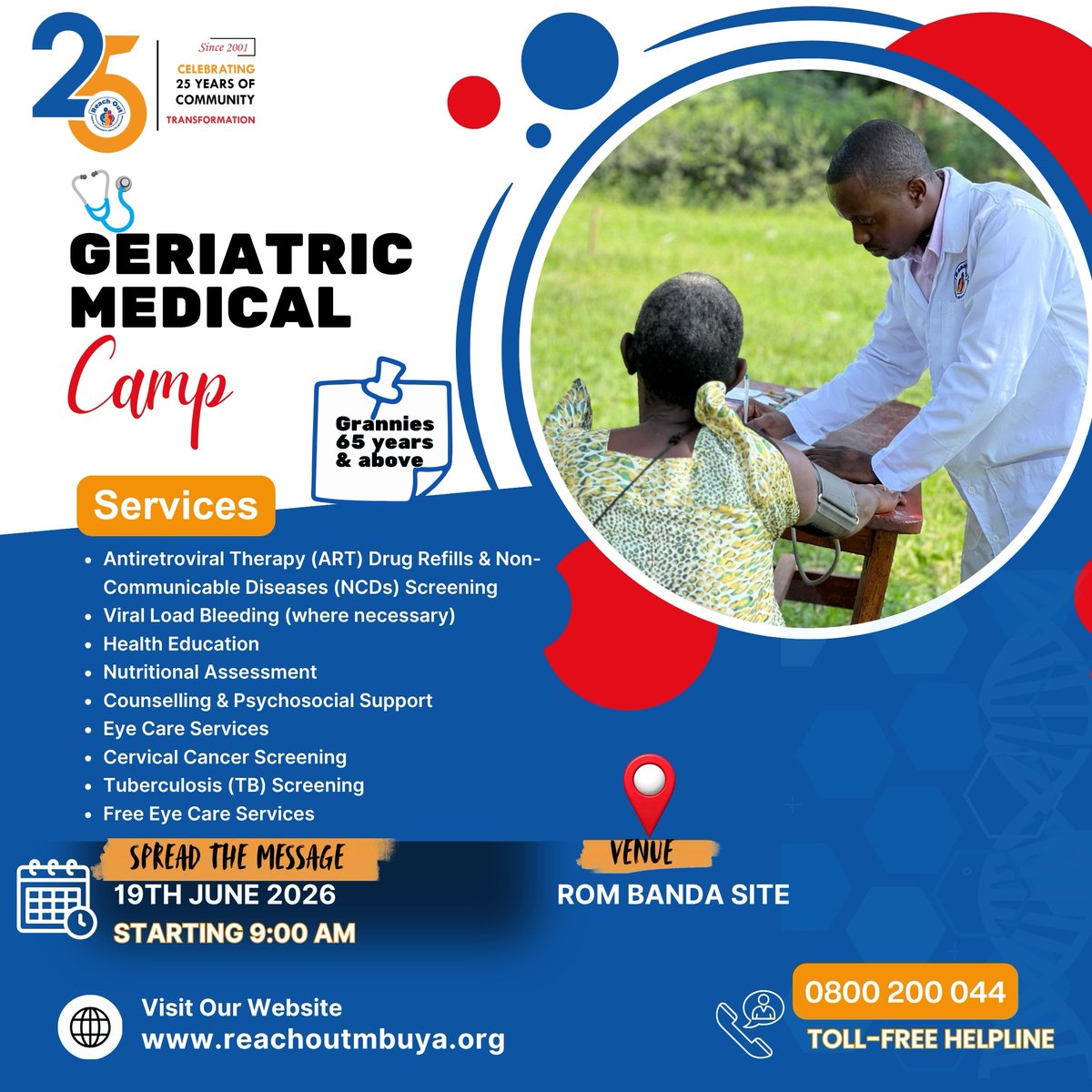 Reachoutmbuya's tweet photo. #MedicalCamp
Do you know anyone aged 65 years and above and receiving HIV care under ROM internal facilities? Please alert them to attend the FREE Geriatric Medical Camp TODAY at the ROM Banda Site. Help spread the message; healthy ageing starts with access to care. https://t.co/PQcsmYTASr