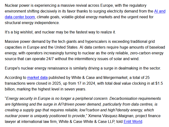 quakes99's tweet photo. 💰⚛️#Nuclear-sector dealmaking hit a 7-year high in 2025 with 25 transactions worth $1.5B, while the first half of 2026 has already seen $3B in announced deals with no sign of momentum slowing.🏇Countries across the #EU are expanding or reviving Nuclear programs🇪🇺⚛️❤️‍🔥🤠🐂#Uranium https://t.co/hB8UDhxM42