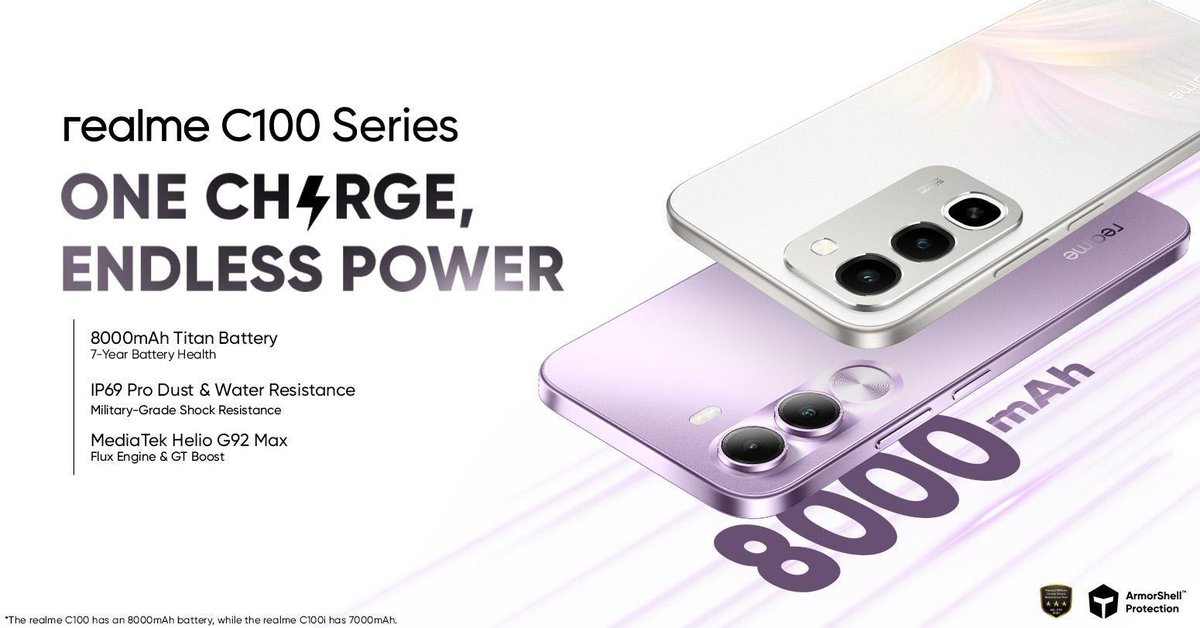 msrosellewrites's tweet photo. Need a smartphone that can keep up with your day? 🔋 The new #realmeC100Series packs up to an 8000mAh battery, military-grade durability, and a 120Hz display, with promo prices starting at just PHP 6,313. https://t.co/vxrEr16mNp

#realmeC100GrandLaunch
#OneChargeEndlessPower https://t.co/YwW6xGOglV