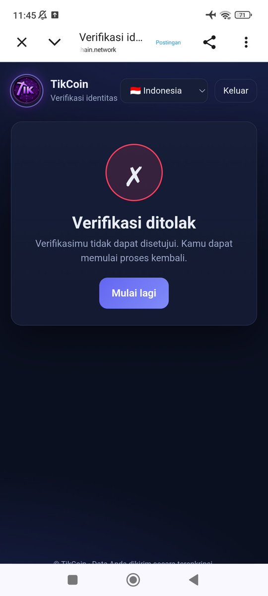 samuel_rezap's tweet photo. @TikCoin_Network What does this mean? I used a very HD ID card and a clear photo, but my KYC was rejected twice. https://t.co/cfblk3f2KP