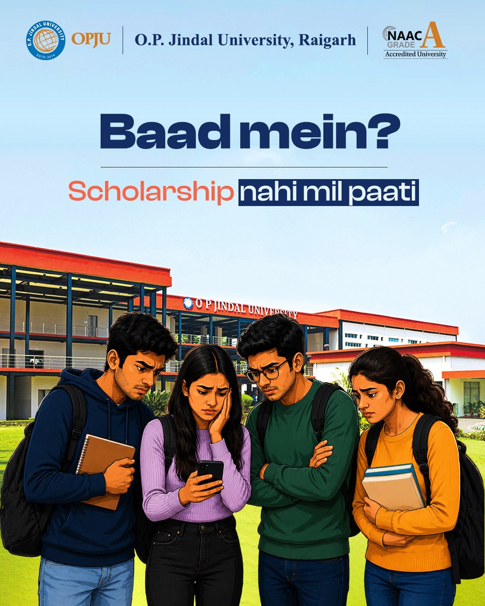 OPJUniversity's tweet photo. Don't let "I'll do it later" decide your future.
Your dream program, scholarship opportunities, and available seats won't wait forever. Take the first step today and secure your place at O.P. Jindal University.

𝐕𝐢𝐬𝐢𝐭 𝐨𝐮𝐫 𝐬𝐢𝐭𝐞 𝐟𝐨𝐫 𝐦𝐨𝐫𝐞 𝐢𝐧𝐟𝐨𝐫𝐦𝐚𝐭𝐢𝐨𝐧: https://t.co/KJcZJDnWH1  
𝐀𝐩𝐩𝐥𝐲 𝐍o𝐰: https://t.co/2Sj10XAaQ8 

#OPJU #AdmissionsOpen #ApplyNow #FutureReady #HigherEducation #Scholarship #UniversityLife #CareerGoals #StudyAtOPJU #Admissions2026 #StudentSuccess