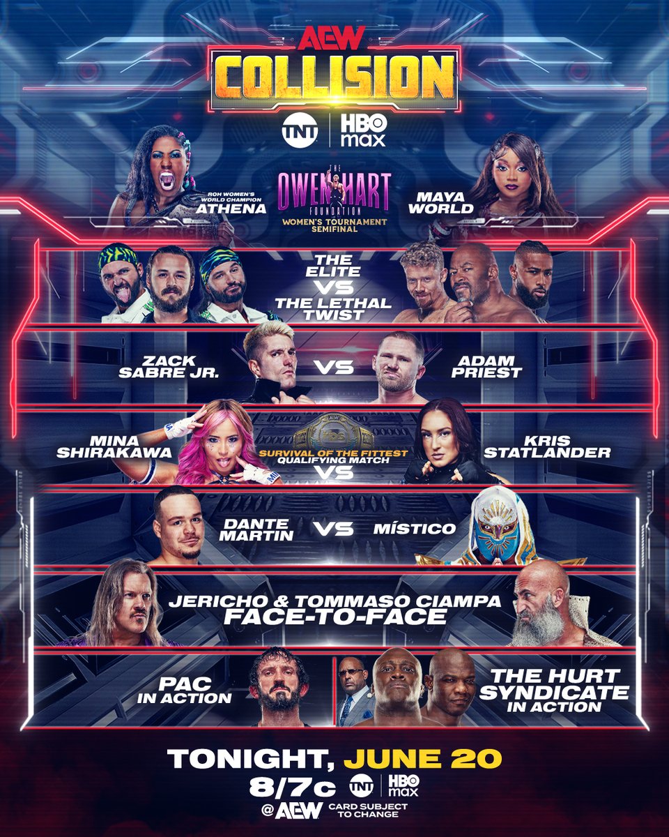 AEW's tweet photo. TONIGHT!

Tell us what part of tonight's Saturday #AEWCollision you're looking forward to seeing the most!

We'll see you at 8/7c on @TNTDrama &amp; @HBOMax, TONIGHT! https://t.co/T4rDBDPPAj