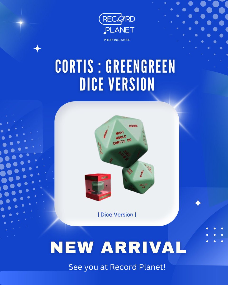 Recordplanet_ph's tweet photo. CORTIS GREENGREEN DICE VER is now available at Record Planet!

-  Dice Version

Store location: 📍3rd Floor, Market! Market!, Taguig"

See you at Record Planet! 

#cortis # CortisGreenGreen #kpopstore https://t.co/zr54U9u7Cn