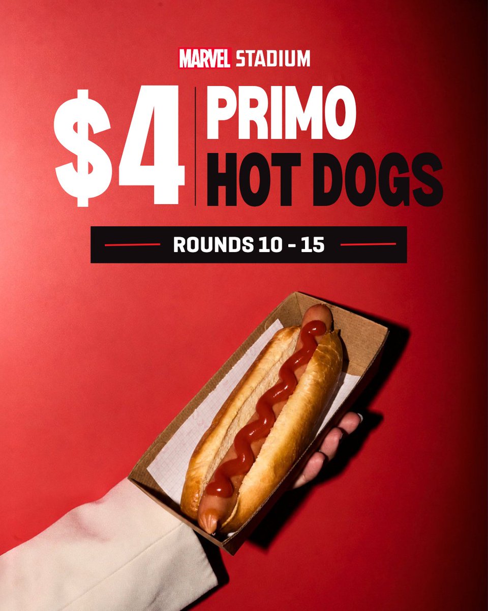 marvelstadiumau's tweet photo. The final round of $20 GA tickets and $4 Primo hot dogs is here. See you for Sunday arvo footy as @stkildafc take on @westernbulldogs in Round 15 👊

Here’s everything you need to know including key timings, parking and general info ➡️

Key event info: https://t.co/H3OdBs4lem
