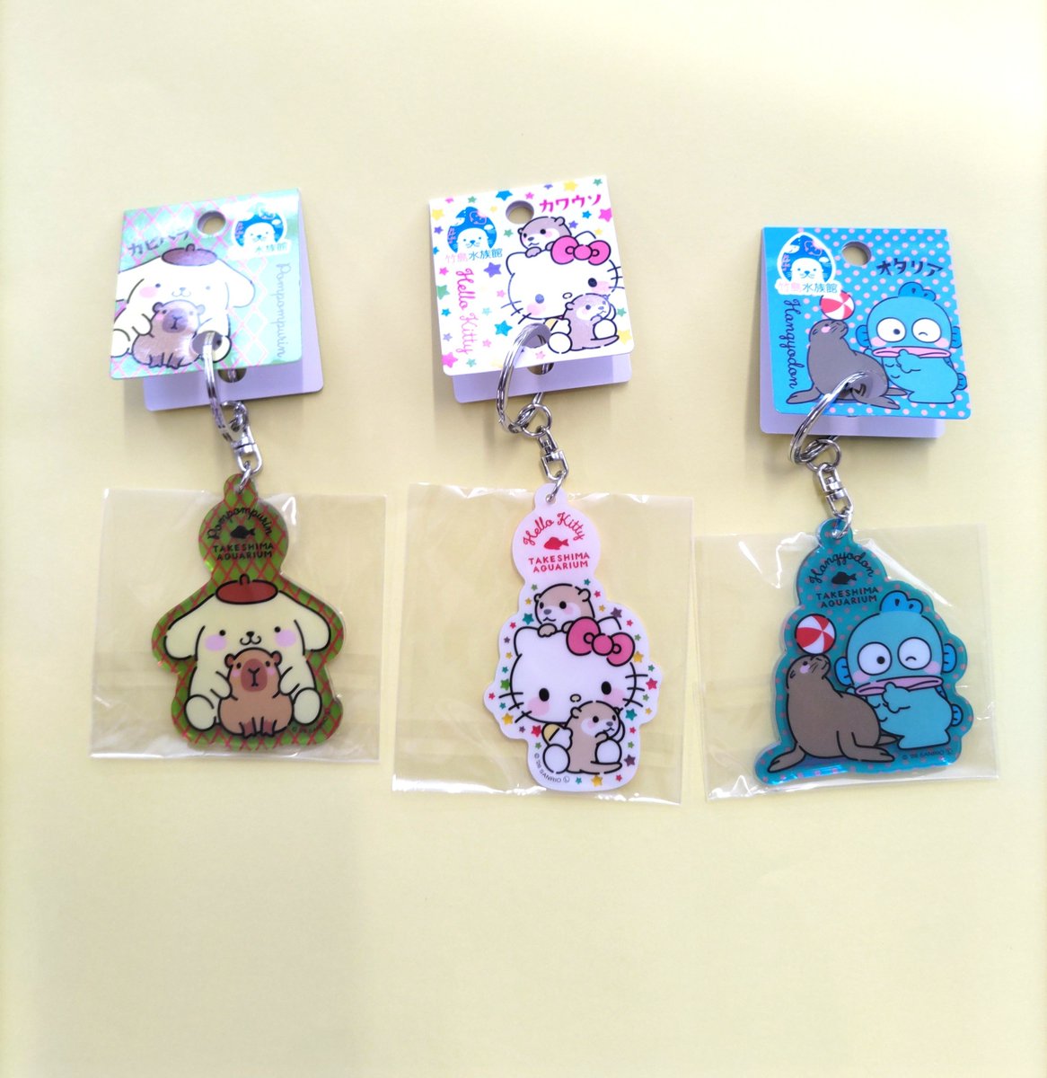 takesuiaquarium's tweet photo. お待たせしました！皆さんの熱い要望に応え、再度サンリオさんとコラボさせていただきました！！前回は山田君不在で近場にいた桃井夫妻でしたが、今回はしっかり山田君を添えております！ #サンリオ #サンリオコラボ #キティちゃん #ポムポムプリン #ハンギョドン #アクリルキーホルダー #山田を添えて https://t.co/ttP0a92KZn