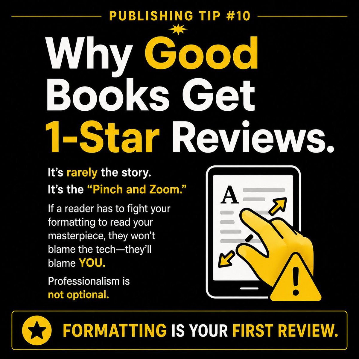 _AtoZConversion's tweet photo. Truth bomb: A great story can’t save bad formatting. 📉  

Readers judge your professionalism before Page 1. Stop the "Pinch and Zoom" nightmare. 📱❌  

Follow for daily secrets to a 5-star launch!   

DM "READY" for a free audit.   

#WritingCommunity #IndieAuthor #AmazonKDP https://t.co/nbf2FGy7gr