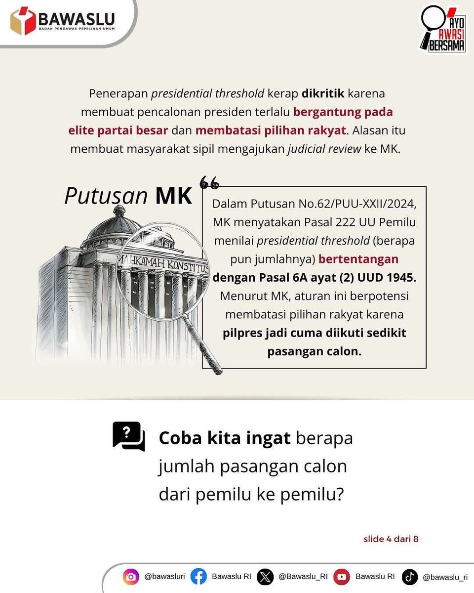 BawsluDonggala's tweet photo. Presidential Threshold dihapus MK ⚖️
#SahabatBawaslu apakah sudah tau apa itu Presidential Threshold dan kenapa dulu ini diatur? Apa dampaknya bagi Pemilu 2029? Bagaimana Bawaslu harus menyikapinya?
#RepostBawasluRI
#presidentialthreshold
#putusanmk
#pilpres
#partaipolitik https://t.co/c27lJrZp6X