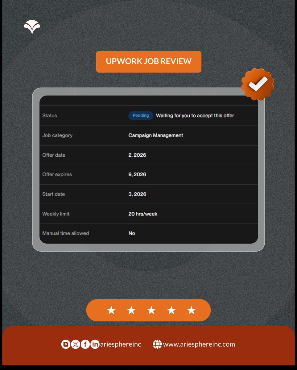 ariesphereinc's tweet photo. She almost stopped checking Upwork.
Good thing she didn't.
After we managed her account and refined the strategy behind it, she landed the job.
Sometimes the opportunity is closer than it looks.
If your results aren't matching your effort, send us a message.
#UpworkSuccess #FreelancerGrowth #UpworkTips