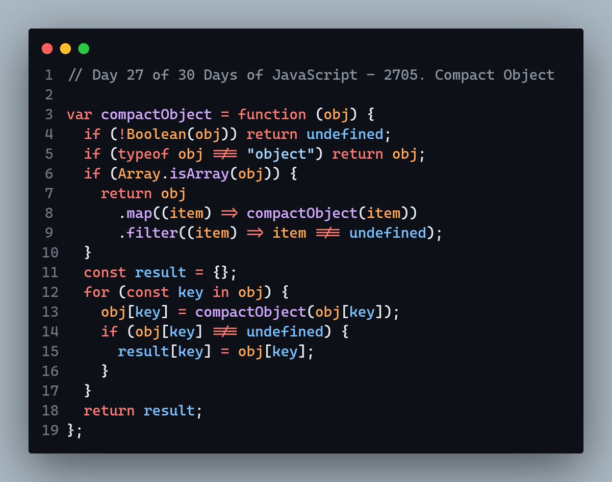 ImTojammelHoque's tweet photo. Day 27 of 30 Days of JavaScript — LeetCode 2705: Compact Object
3 problems left to complete the challenge.
#DSA #JavaScript #30DaysOfJavaScript #LeetCode #100DaysOfCode #FreshGraduate #OpenToWork #EntryLevelDeveloper #BuildInPublic #LearningInPublic #CodingJourney https://t.co/IyUA3wJ3gI